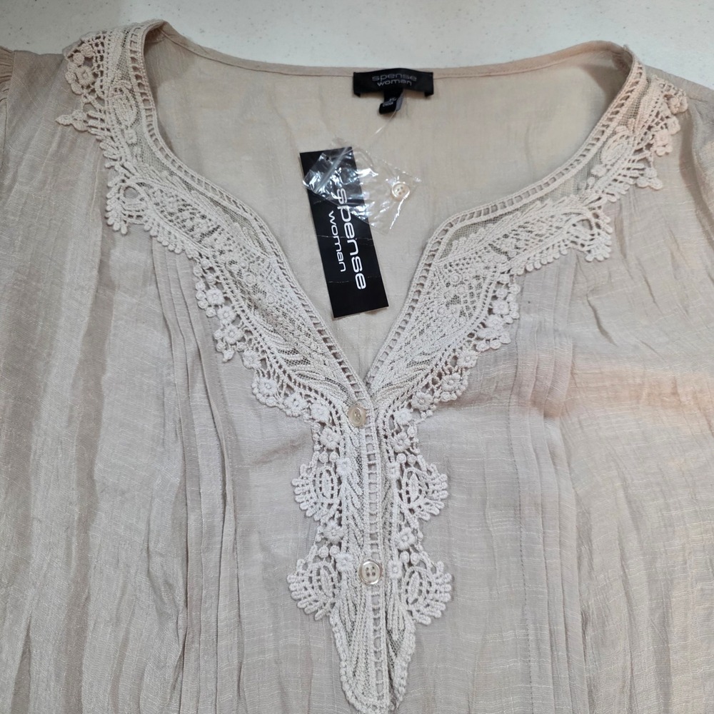 Spense Woman Latte Beige Crochet Lace Trim V-Neck Gauze Blouse 3X NWT - Picture 3 of 8